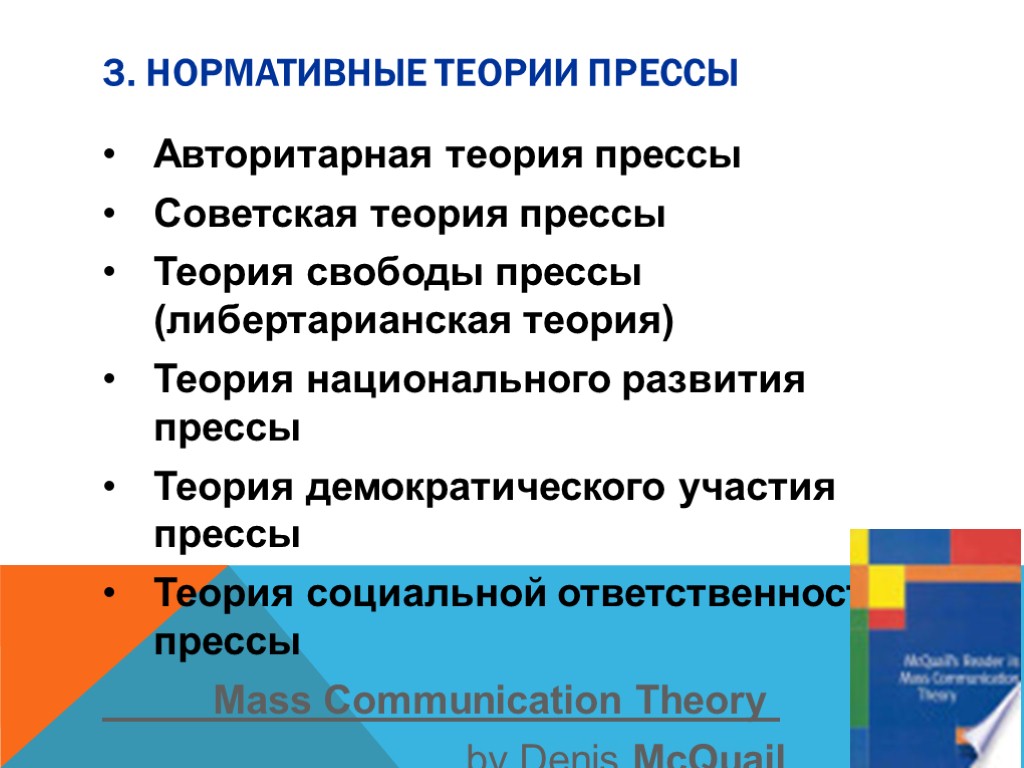 3. Нормативные теории прессы Авторитарная теория прессы Советская теория прессы Теория свободы прессы (либертарианская